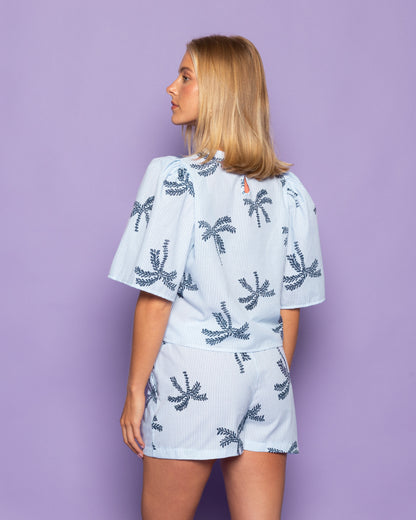 PALM STRIPE PUFF TOP BLAUW