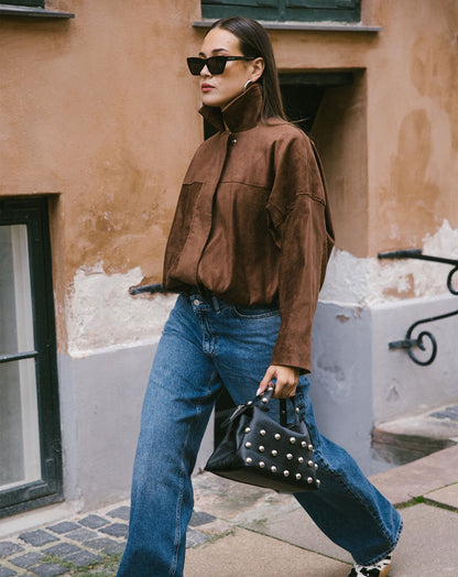 FAUX SUEDE BIKER BUBBLE HEM JACKET BRUIN