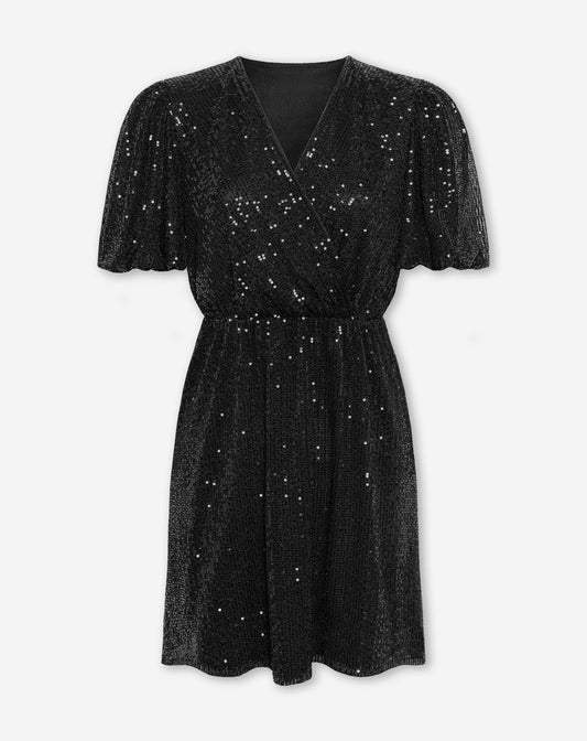SEQUINS PUFF SLEEVE DRESS ZWART