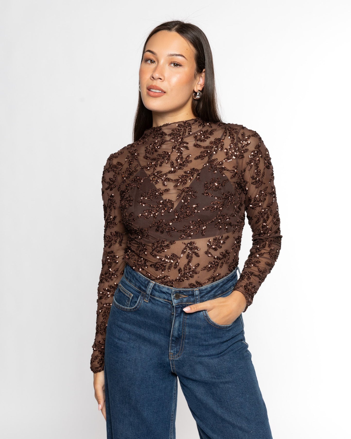 SEQUINS SMALL LEAF TOP BRUIN