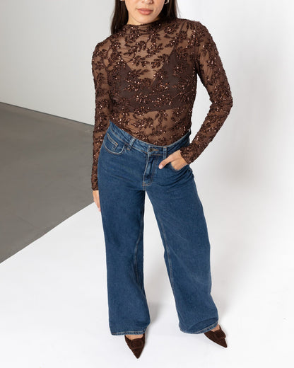 SEQUINS SMALL LEAF TOP BRUIN