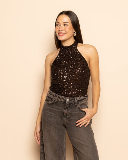 MAYA SEQUINS HALTER TOP BRUIN
