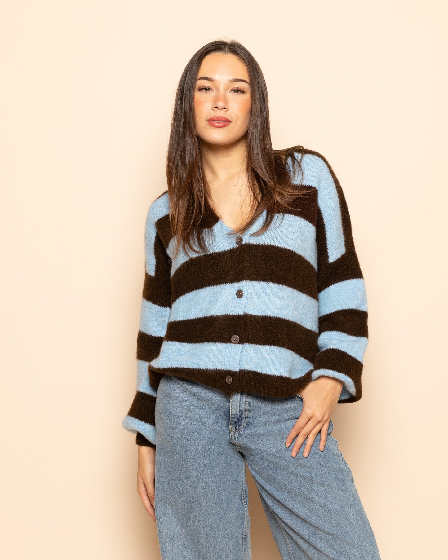 KATE STRIPE CARDIGAN LICHTBLAUW