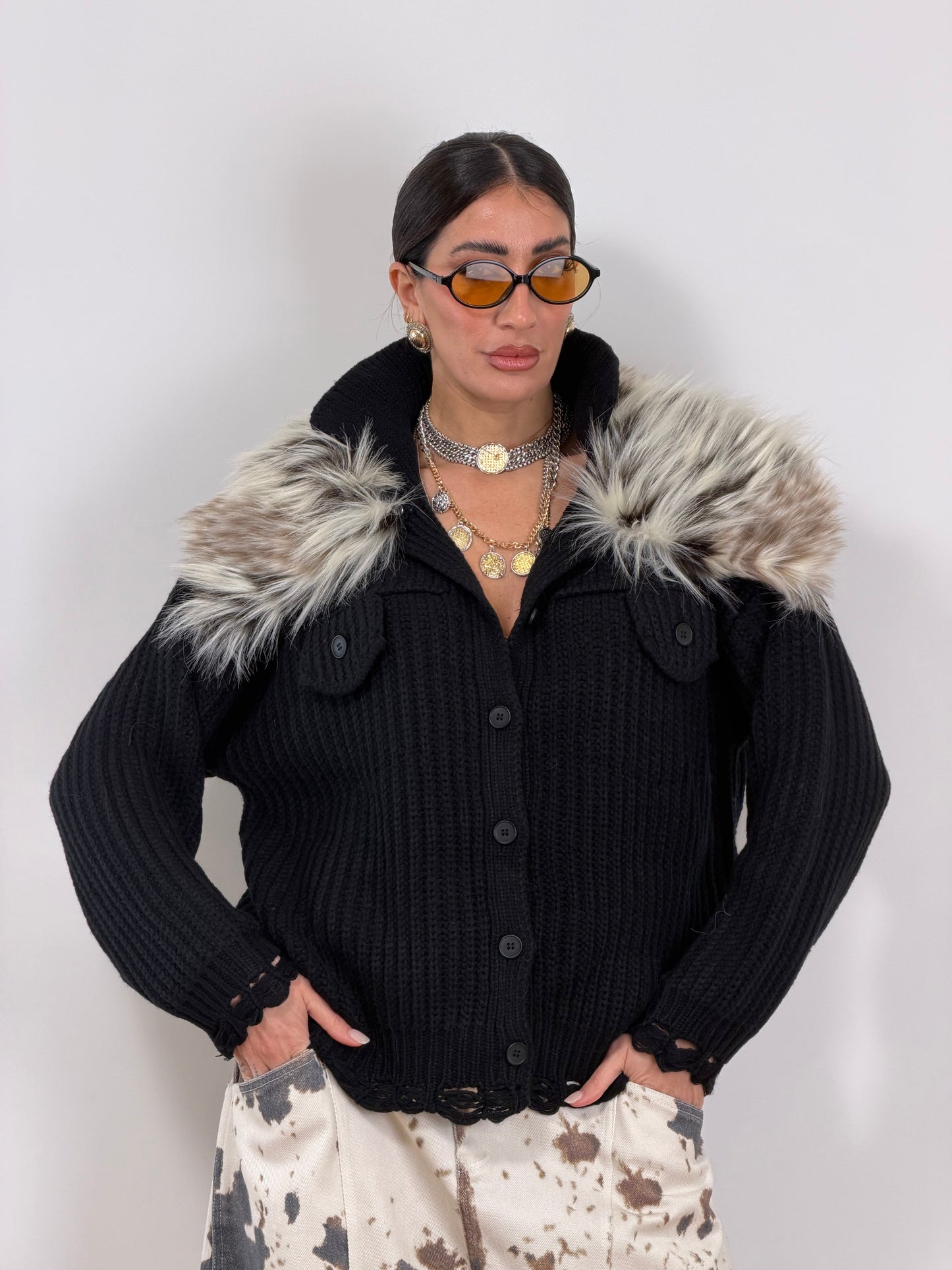 Cardigan nero pelliccia PL12731
