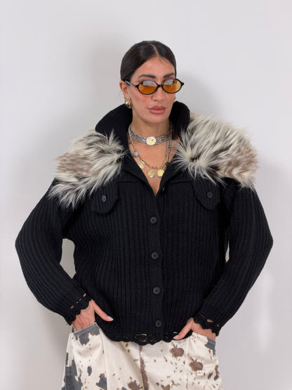 Cardigan nero pelliccia PL12731