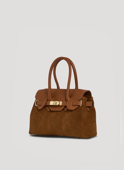 Borsa Elizabeth Micro in Camoscio e Pelle Cuoio