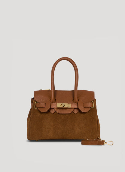 Borsa Elizabeth Micro in Camoscio e Pelle Cuoio