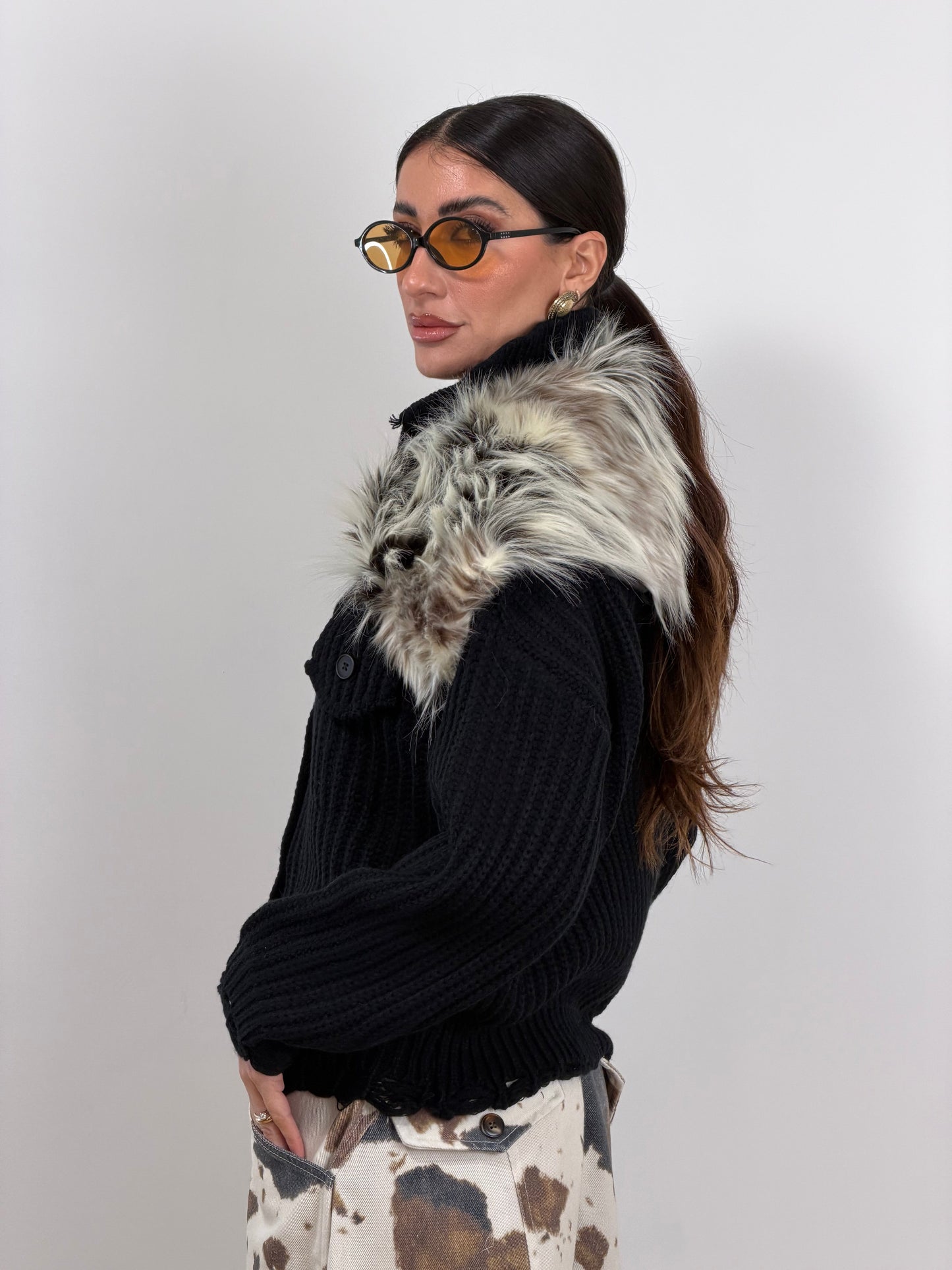 Cardigan nero pelliccia PL12731