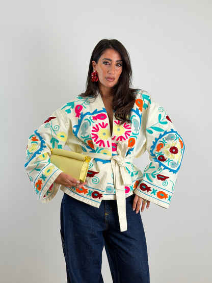 Giacca panna ricami multi color 13227