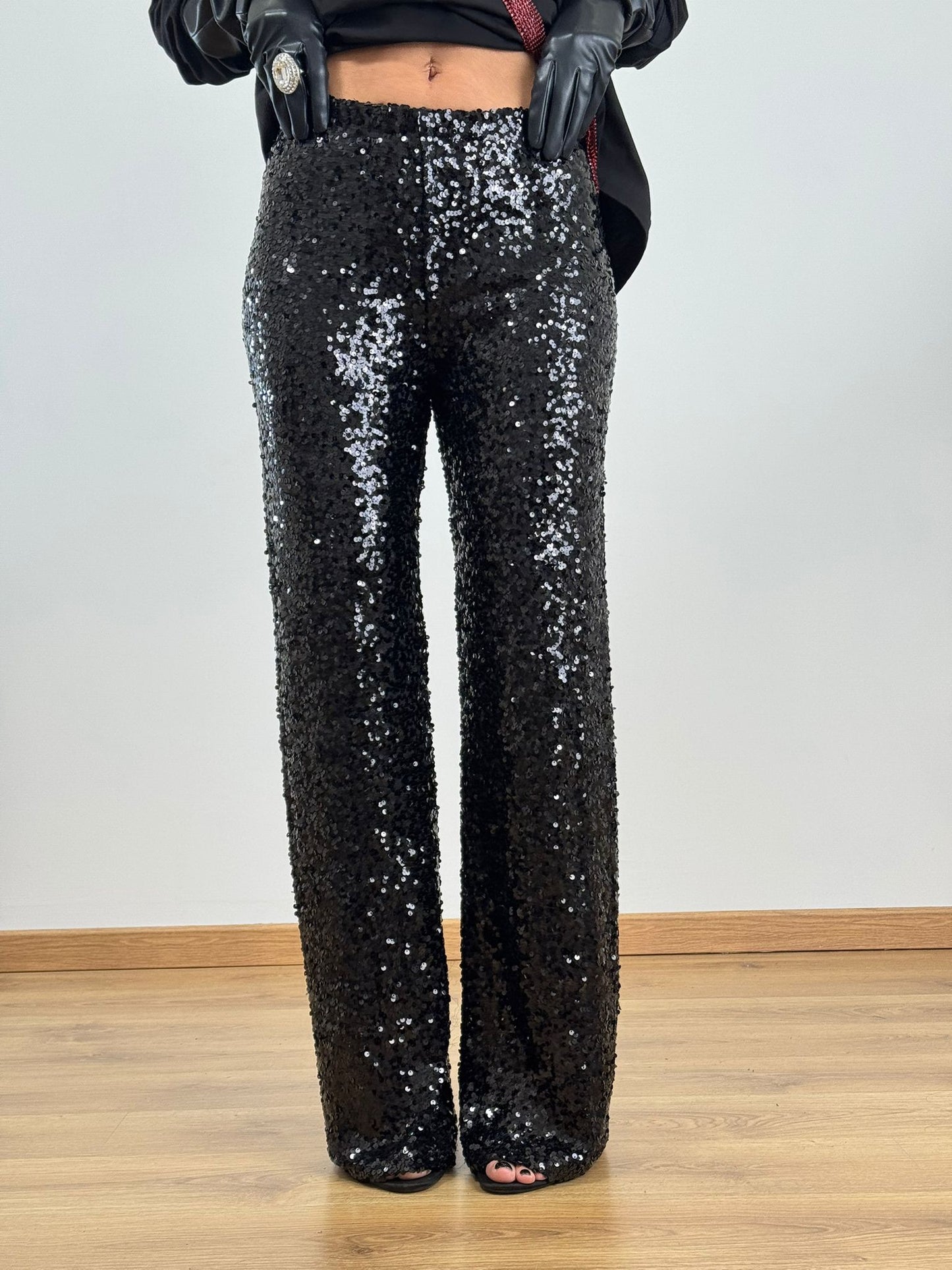 Pantaloni paillettes nero palazzo 6025