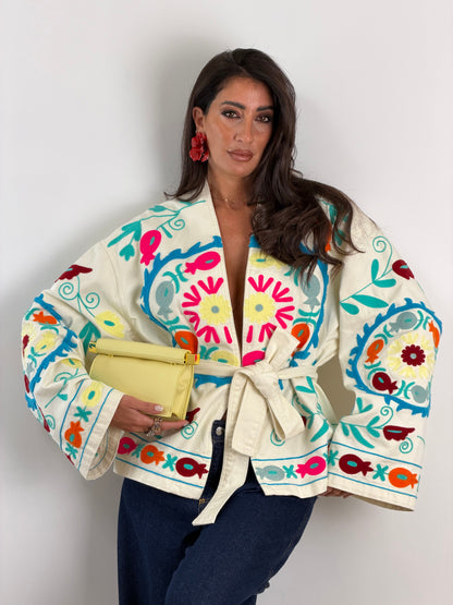 Giacca panna ricami multi color 13227