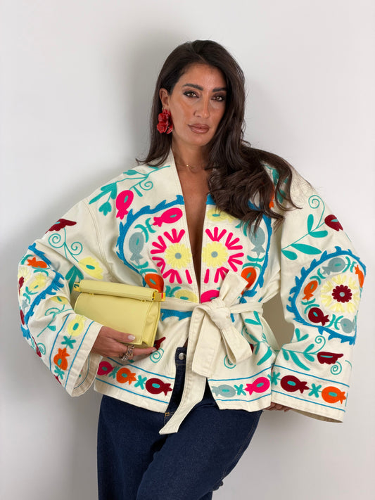 Giacca panna ricami multi color 13227