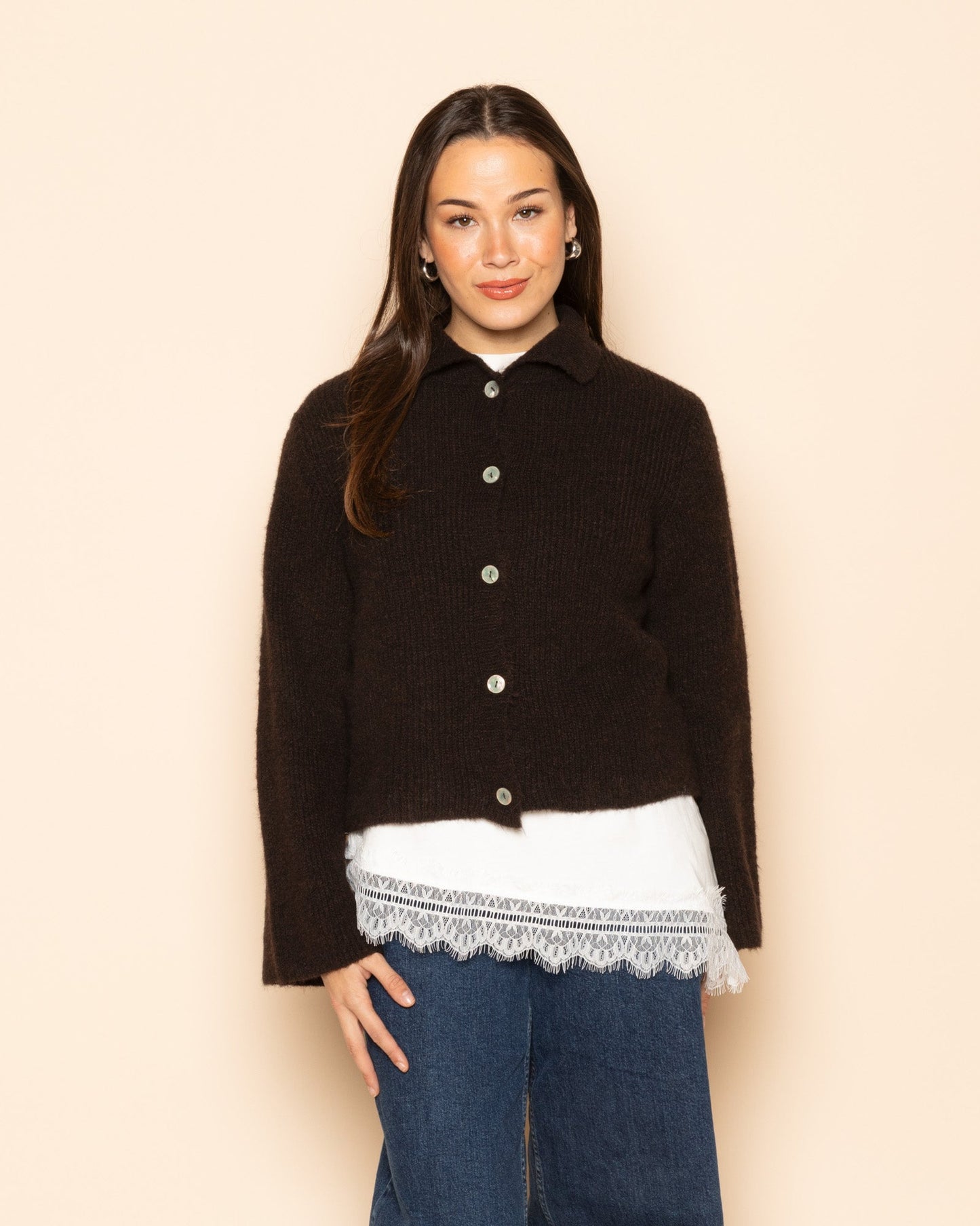 KNITTED POLO CARDIGAN DONKERBRUIN