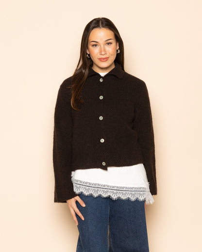 KNITTED POLO CARDIGAN DONKERBRUIN