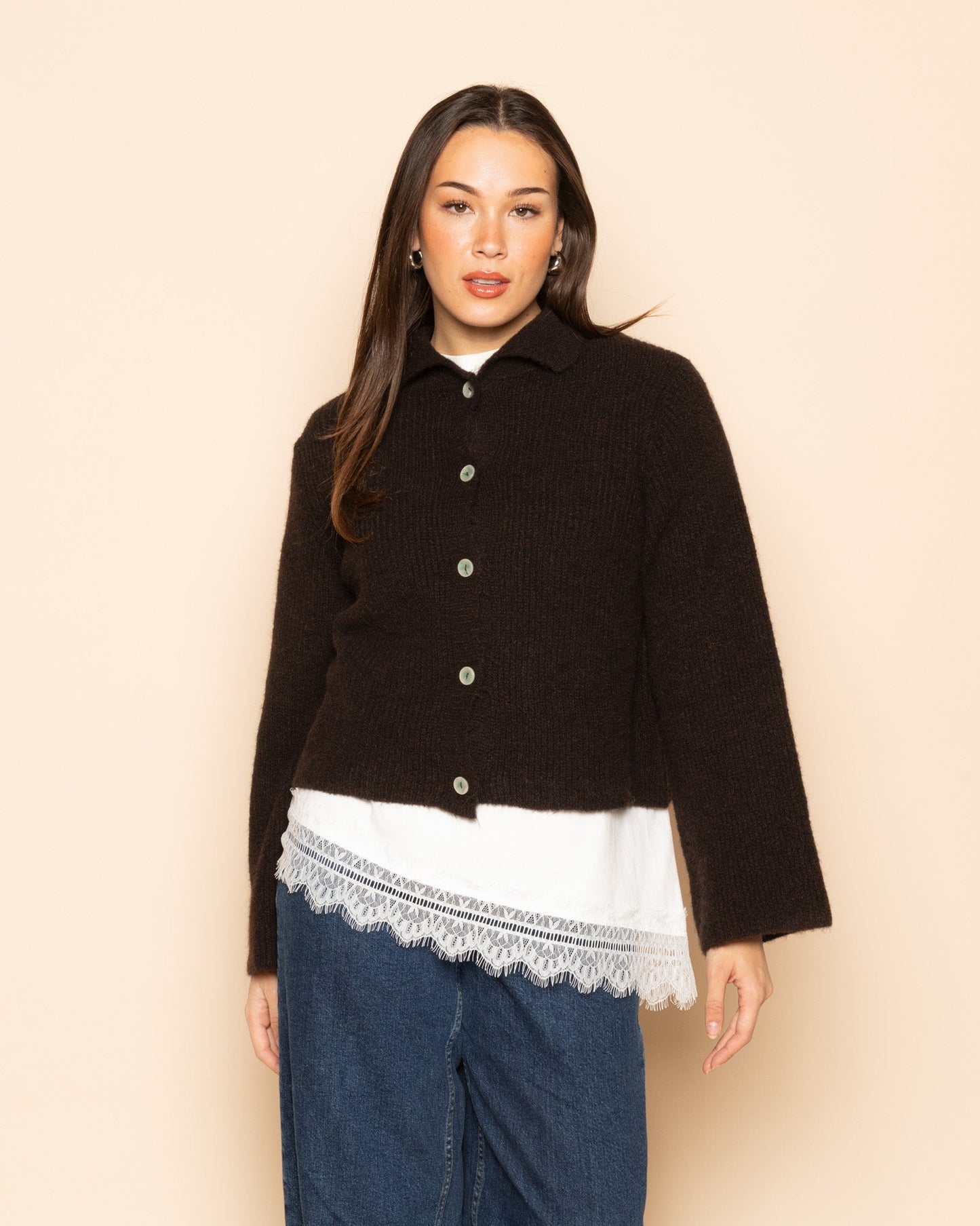 KNITTED POLO CARDIGAN DONKERBRUIN