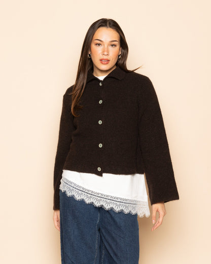 KNITTED POLO CARDIGAN DONKERBRUIN