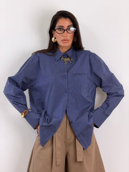Camicia blu righe grigie W45099