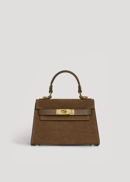 Borsa Victoria in Camoscio e Pelle Taupe scuro