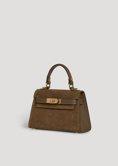 Borsa Victoria in Camoscio e Pelle Taupe scuro