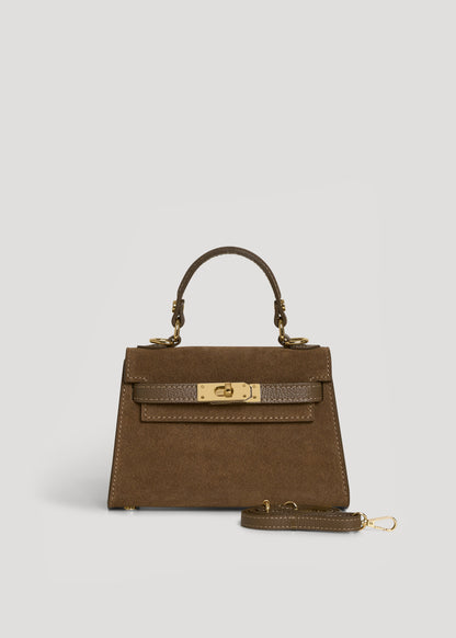 Borsa Victoria in Camoscio e Pelle Taupe scuro