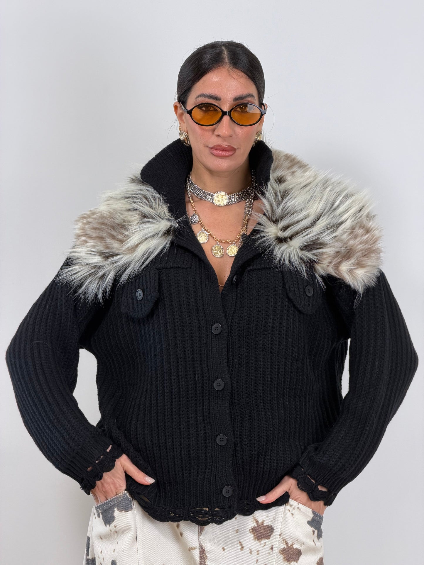 Cardigan nero pelliccia PL12731
