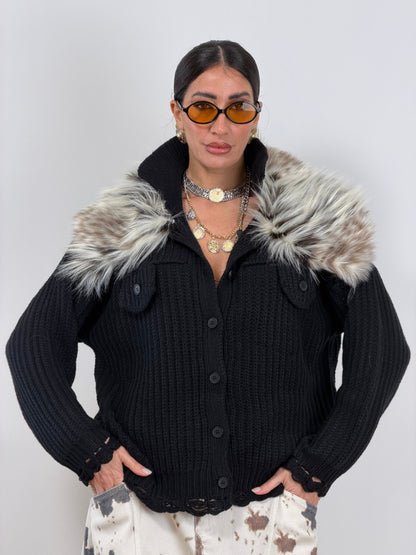 Cardigan nero pelliccia PL12731