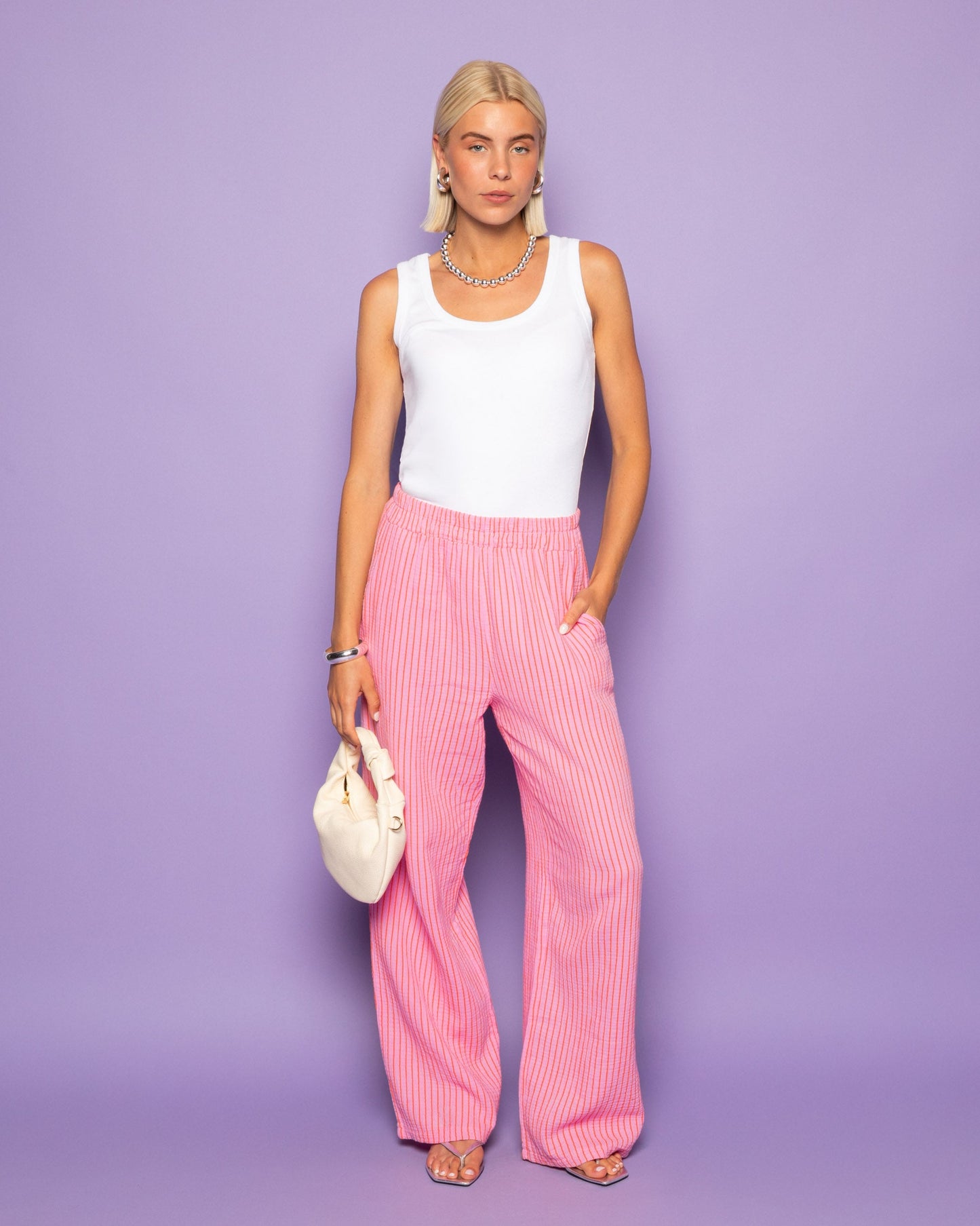STRIPE MOUSSELINE STRAIGHT LEG PANTS ROZE