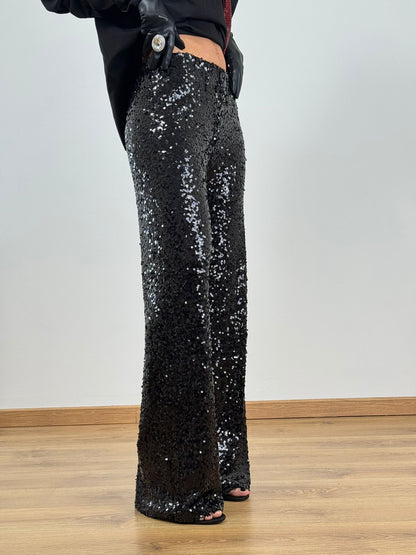 Pantaloni paillettes nero palazzo 6025