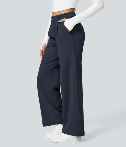 Pantalones de trabajo de cintura alta con bolsillos y pernera recta