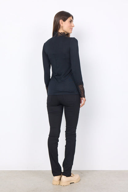 Alba™ – Camiseta de Encaje con Escote en V Azul Marino