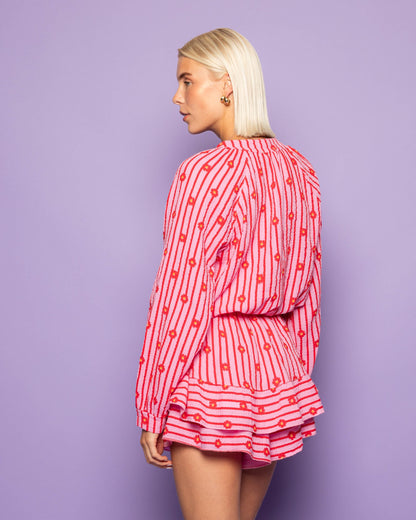 FLOWER STRIPE MOUSSELINE PLAYSUIT ROOD