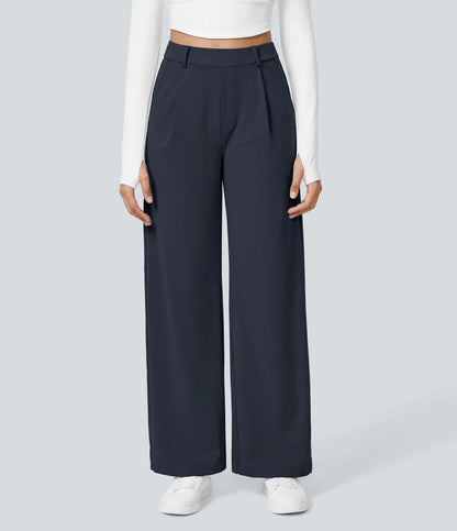 Pantalones de trabajo de cintura alta con bolsillos y pernera recta