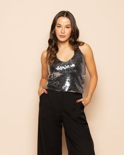 TRANSPARENT SEQUINS HALTER TOP ZWART