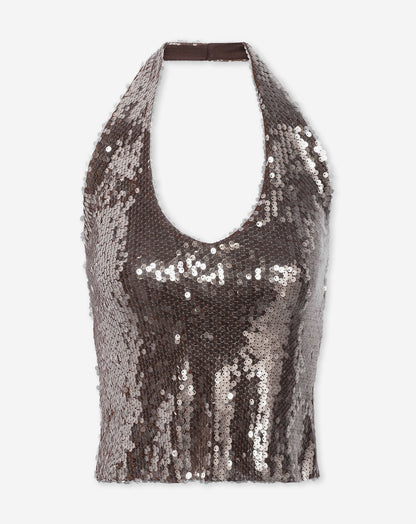 TRANSPARENT SEQUINS HALTER TOP BRUIN
