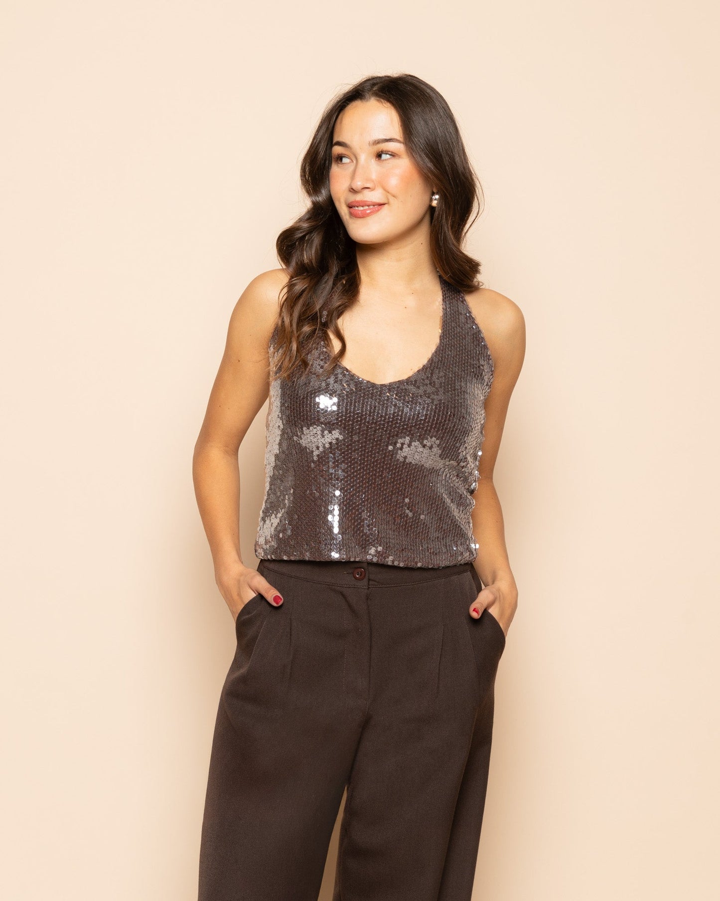 TRANSPARENT SEQUINS HALTER TOP BRUIN