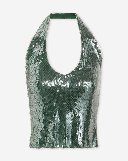 TRANSPARENT SEQUINS HALTER TOP GROEN