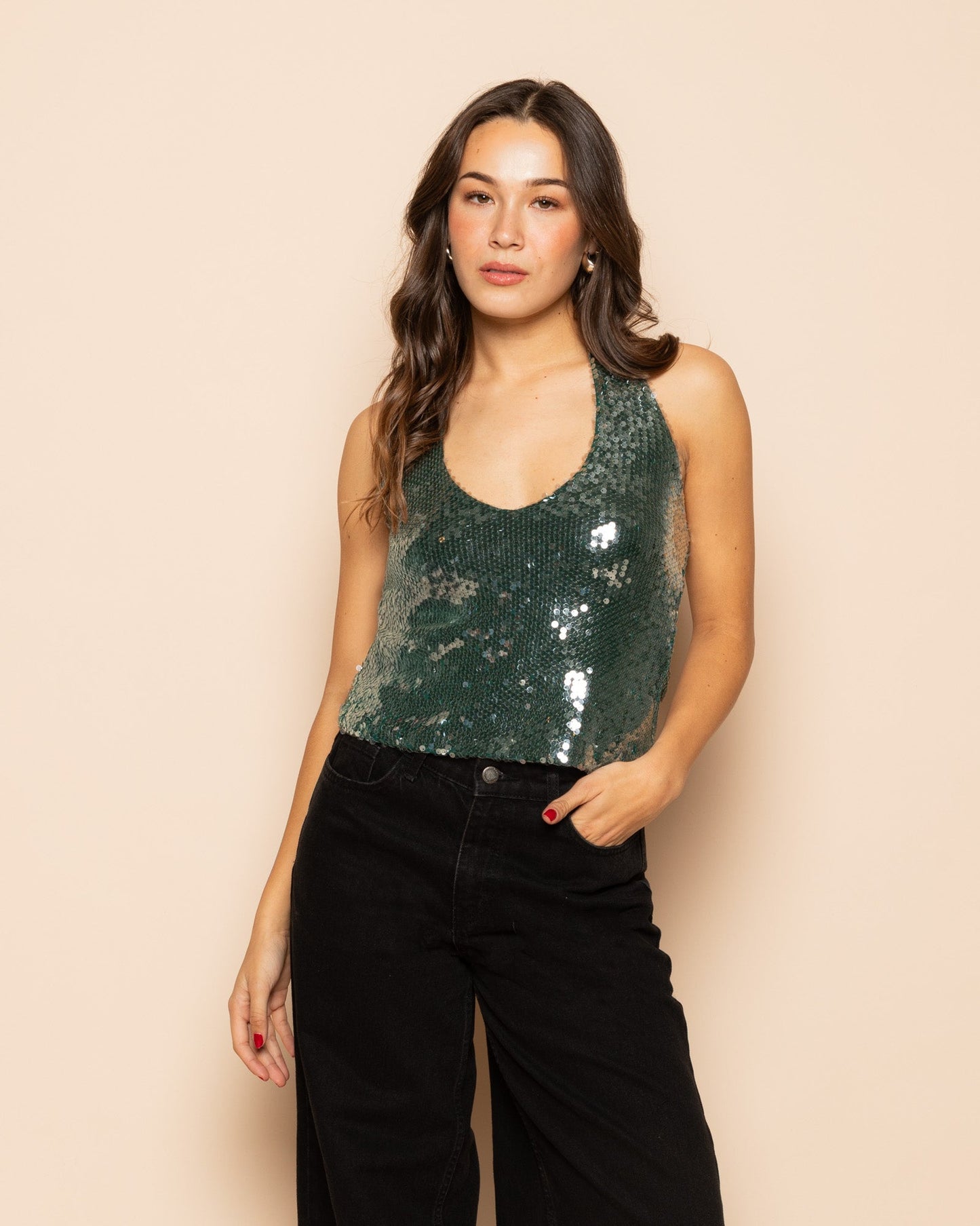 TRANSPARENT SEQUINS HALTER TOP GROEN