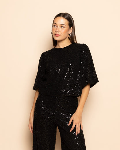 VELVET FLOCK SEQUINS STRAIGHT LEG PANTS ZWART