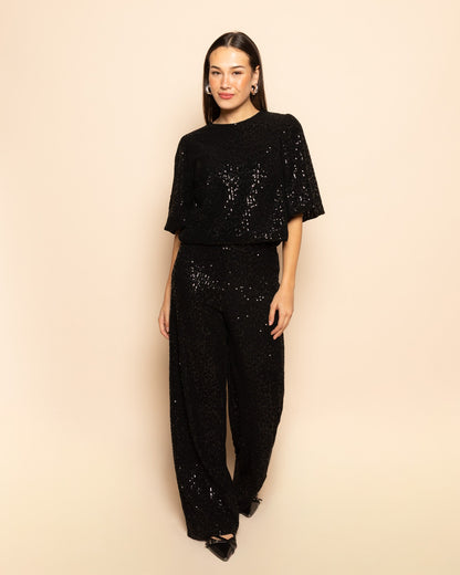 VELVET FLOCK SEQUINS PUFF SLEEVE TOP ZWART