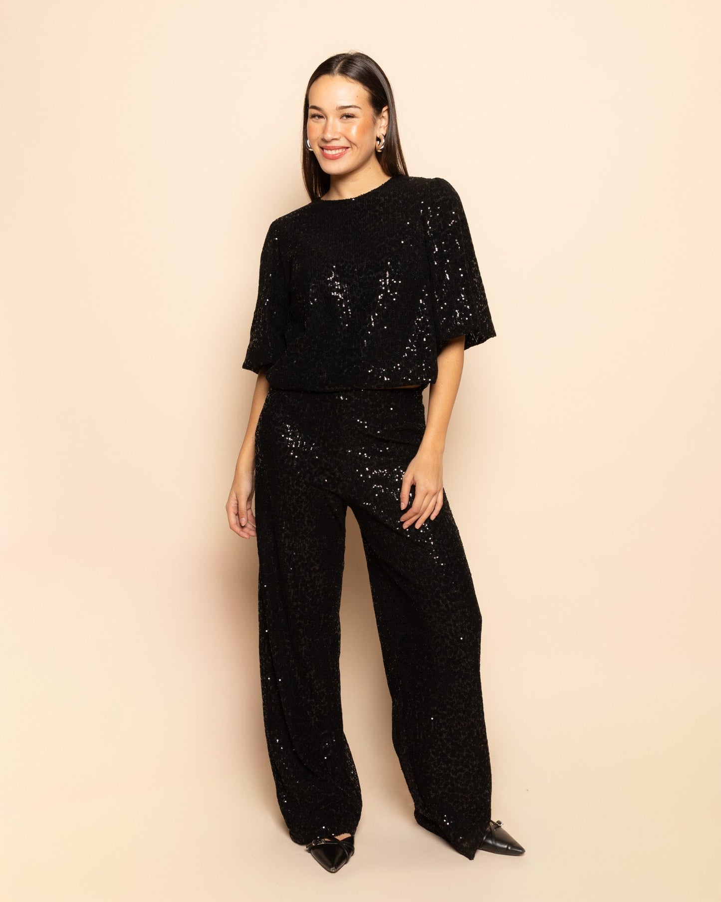 VELVET FLOCK SEQUINS PUFF SLEEVE TOP ZWART