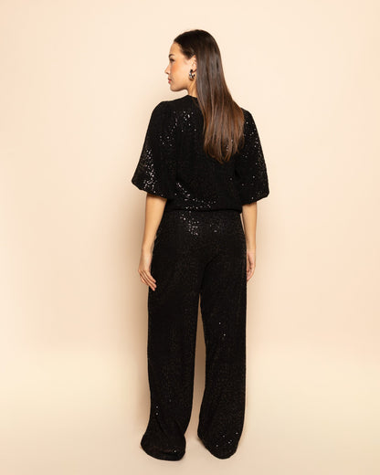 VELVET FLOCK SEQUINS STRAIGHT LEG PANTS ZWART
