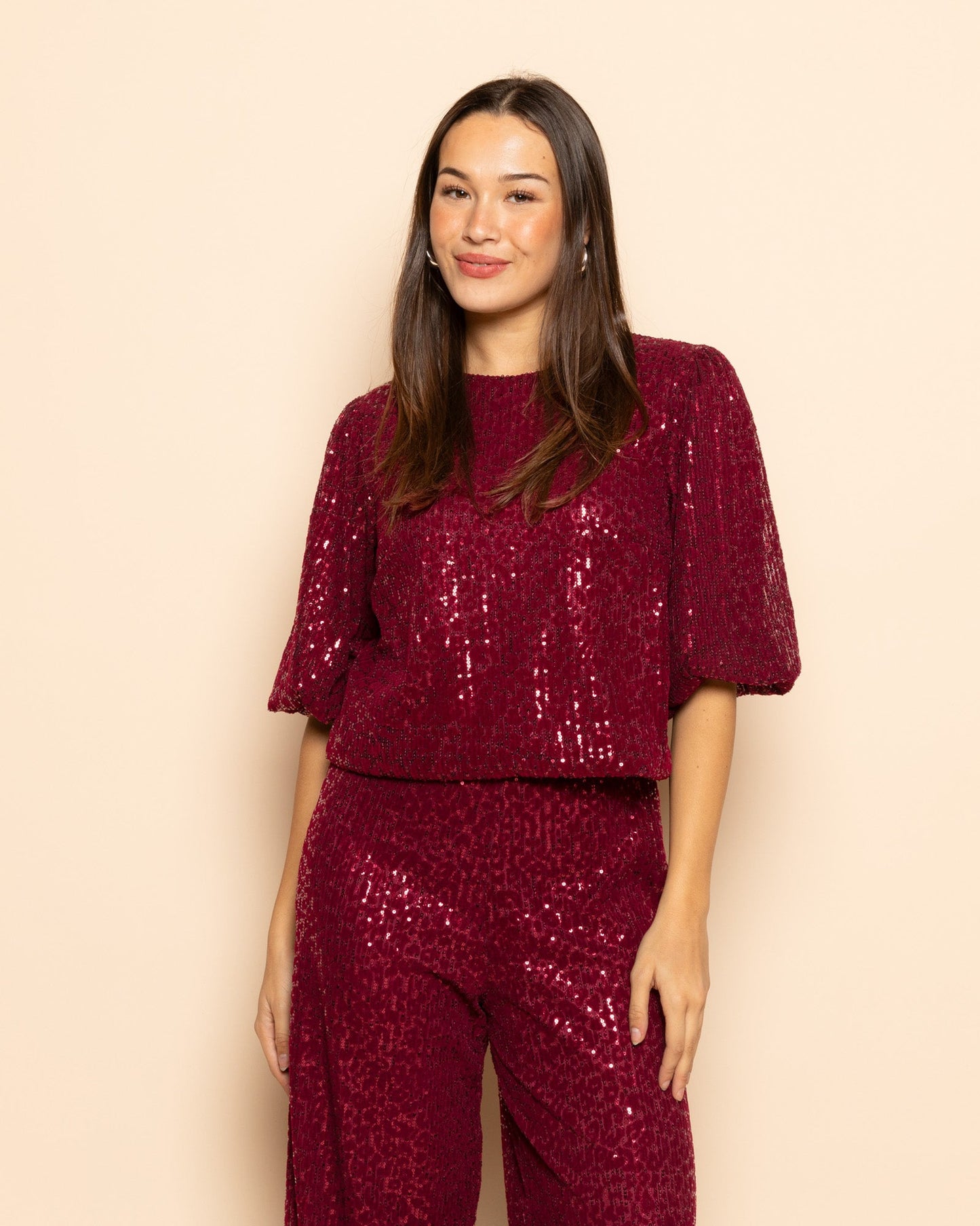 VELVET FLOCK SEQUINS STRAIGHT LEG PANTS BURGUNDY