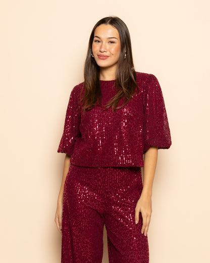 VELVET FLOCK SEQUINS STRAIGHT LEG PANTS BURGUNDY