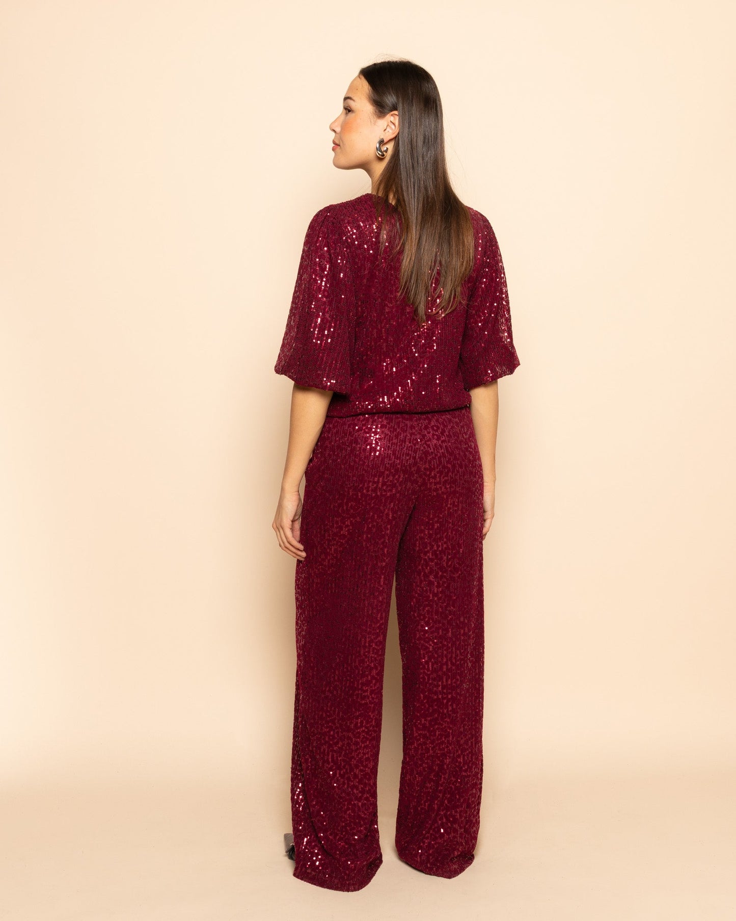 VELVET FLOCK SEQUINS STRAIGHT LEG PANTS BURGUNDY