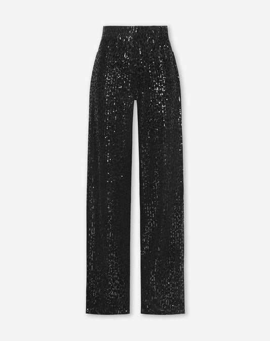 VELVET FLOCK SEQUINS STRAIGHT LEG PANTS ZWART