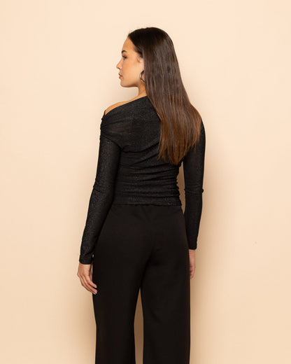 GLITTER ONE SHOULDER TOP ZWART