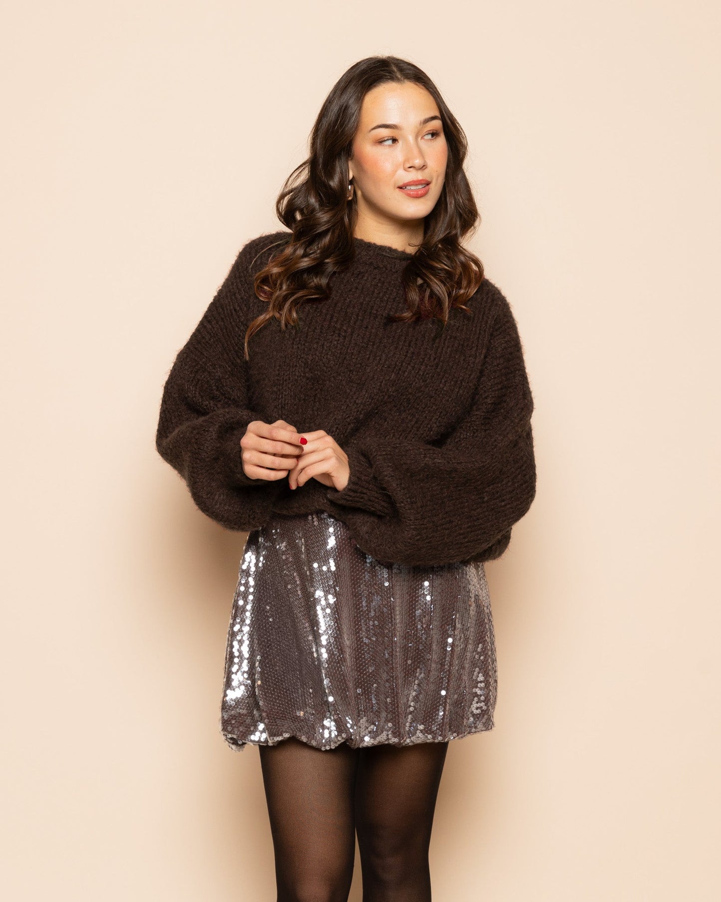 TRANSPARENT SEQUINS BUBBLE HEM SKIRT BRUIN