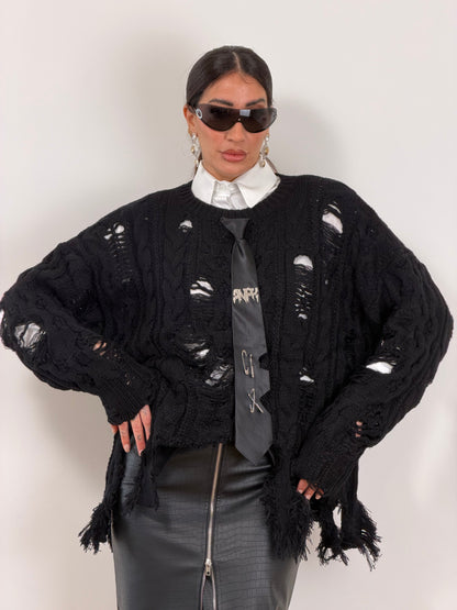 Pull nero traforato con cravatta 12299