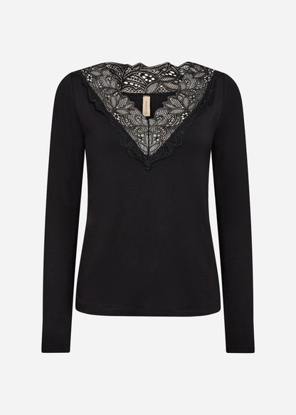 Alba™ – Camiseta de Encaje con Escote en V Negra
