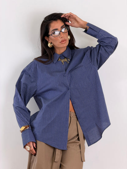 Camicia blu righe grigie W45099